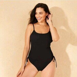Ribbed Adjustable Drawstring Medium Coverage One Piece Swimsuit - Black XS